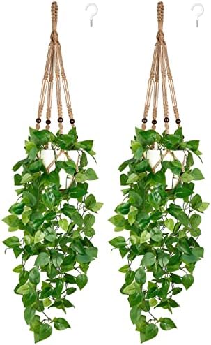 Mkono Fake Hanging Plant, Macrame Hanger with Pothos Vines & Pot, Brown 2Pc by Mkono
