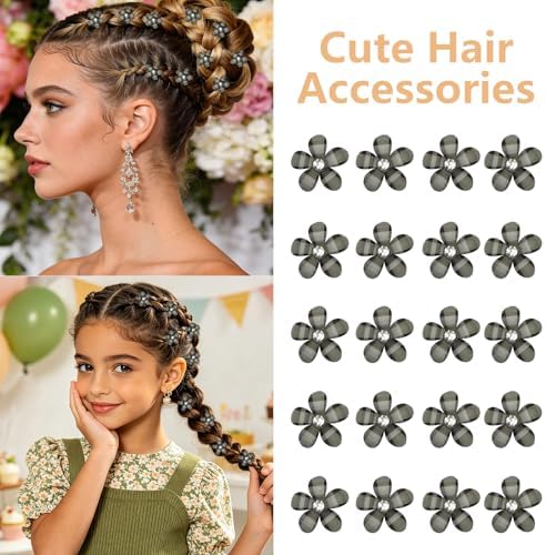 YISSION 20Pcs Mini Olive Green Plaid Flower Hair Clips, Rhinestone Decorative Hair Pins for Women and Girls Wedding Bridal Prom Daily Hairstyle Accessories - Image 3