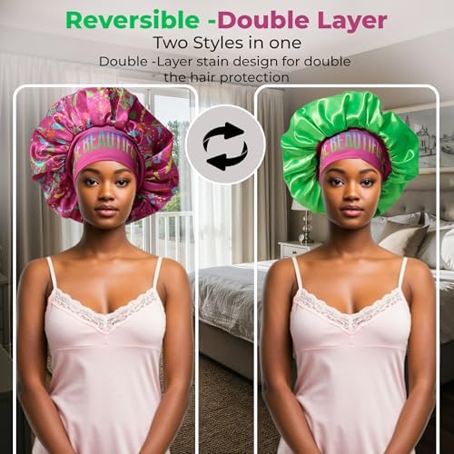 Discover premium reversible double layer silk satin sleeping bonnets designed for hair protection, moisture retention, and all-night comfort. Keep your hair healthy and frizz-free-pink - Image 5