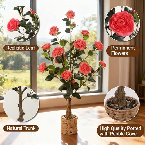 2Pack Artificial Camellia Tree, 3Ft Pink Faux Camellia Plant in Pot - Image 4
