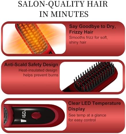 Go Brush Pro for Short Hair 2026, Portable Straightener Brushs for Travel, with LCD Temperature Display, Fast Heating Cordless Mini Hair Brushs(Red) - Image 4