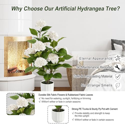3FT Artificial Hydrangea Tree 2 Pack, Realistic Faux Hydrangea Plants in Pot with White Flowers, Lifelike Faux Greenery Home Indoor Outdoor Front Porch Garden or Wedding, White - Image 6