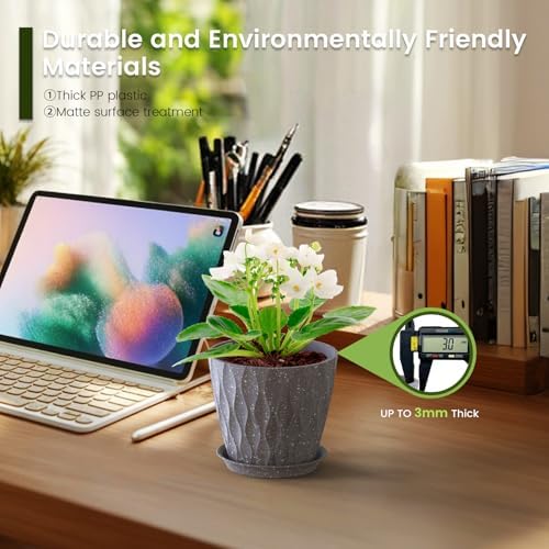 Meowell 5 inch Plant Pots for Indoor Outdoor Plants, 6 Pack Thick Flower Pots with Drainage Holes and Saucers, 3D Modern Wave Texture Small Plastic Planters Nursery Pots, Speckled Grey - Image 4