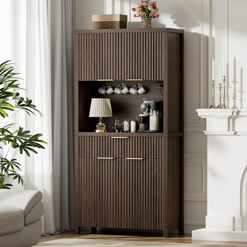 Lulive 71" Fluted Pantry Cabinet with Charging Station, Brown - Image 6