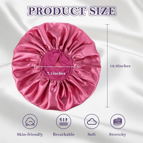ZHENSILK 2Pcs Silk Bonnet for Sleeping, Satin Hair Bonnets, Soft Elastic Band Silk Sleep Cap, Hair Wrap for Women(Peacock Blue Rose Red) - Image 5