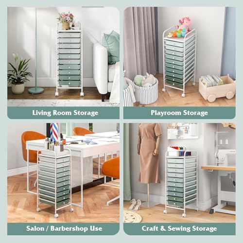 Giantex 10-Drawer Rolling Storage Cart w/Wheels, Handle, Removable Drawers, Mobile Organizer Storage Unit, Trolley Utility Cart for Home Kitchen Living Room Office Play Room, Green Gradient - Image 7