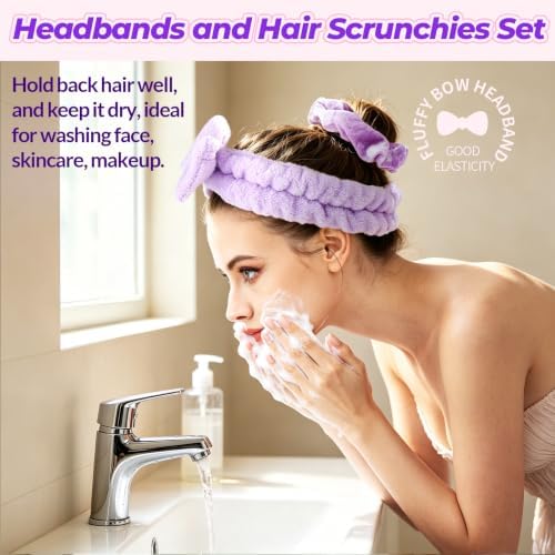 LEOBRO 3pcs Makeup Headbands, 3pcs Hair Srunchies, Rose Red/Yellow/Purple - Image 2
