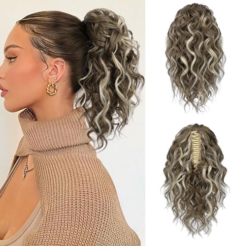 Flufymooz Ponytail Extension, 12" Short Claw Ponytail Extension Wavy Curly Jaw Clip in Pony tails Hair Extension Natural Synthetic Hairpiece for Women (Medium Brown Ash Blonde) by Flufymooz