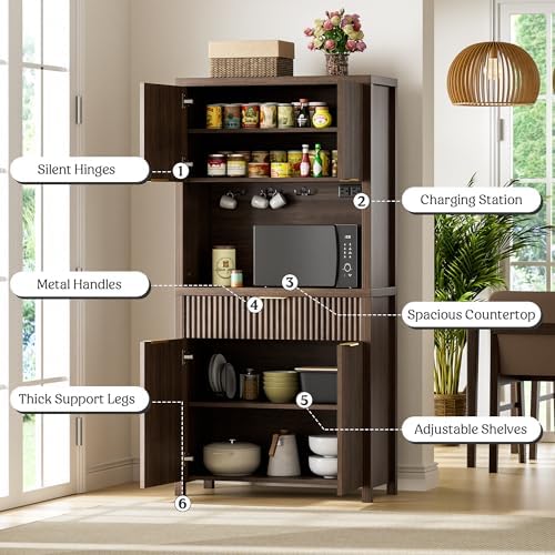 Lulive 71" Fluted Pantry Cabinet with Charging Station, Brown - Image 5