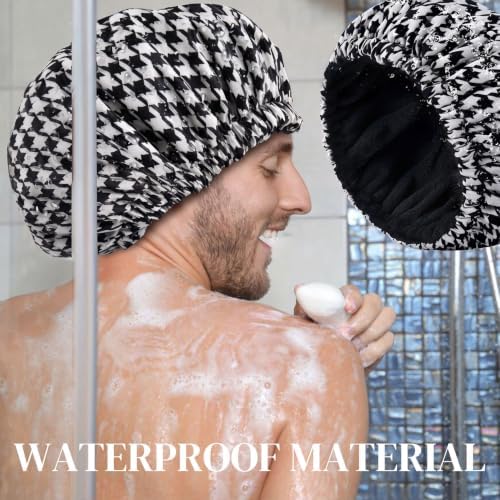 Shower Cap for Men Black Bath Cap, Reversible Terry Lined Large Waterproof Adjustable Shower Caps Elastic Band Stretch Hem Hair Hat for braids - Image 3