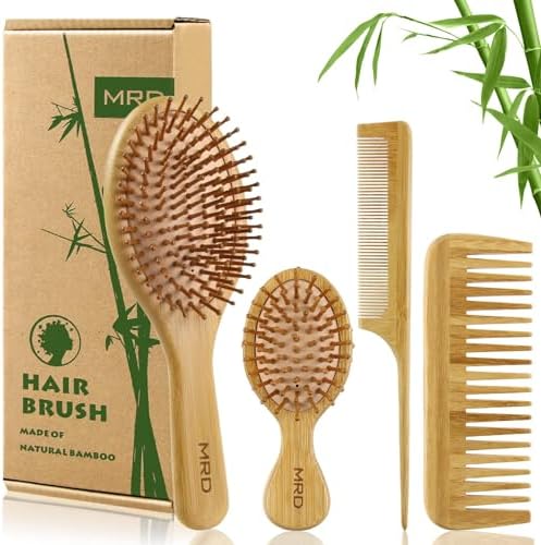 MRD Hair Brush Set, Natural Bamboo Comb Paddle Detangling Hairbrush, Wide-tooth and tail comb No Bristle, suit for Women Men and Kids Thick/Thin/Curly/Dry Hair Gift kit by MRD-Beauty