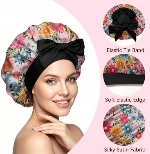 Satin Hair Bonnet Silk Bonnet for Sleeping Double Layer Elastic Tie Band Adjustable Reusable Hair Cap Cute Women Girls - Image 3