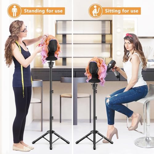 Wig Head Stand 50 Inches, Height Adjustable Tripod Wig Stand, Salon Mannequin Head Stand with Anti-Slip Base for Styling, Wig Display Barber Training, Beauty School​ (Black) - Image 6