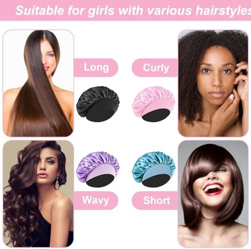 4Pcs Silk Satin Hair Bonnets for Sleeping - Elastic Wide Band Satin Hair Wrap for Sleeping Black Women Men,Silk Bonnets for Curly Hair(Black & Pink & Blue & Purple) - Image 3