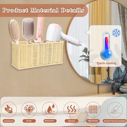 Hair Tool Organizer,Wall Mount Curling Iron Holder,Waterproof Wicker Hot Tools Organizer for Hair Dryer,Flat Irons,Curling Wands,Straighteners Storage,in Cabinet,Bathroom,Vanity (Nature) - Image 5