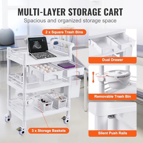 VEVOR Medical Mobile Trolley Cart with 2 Drawers & 3 Trash Cans, 3 Tiers Beauty Salon Rolling Trolley with 4 Silent Wheels & 2 Dirts Bucket & Bowl, Medical Utility Cart for Hospital Dental Clinic Lab - Image 5