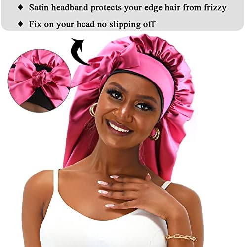 Extra Large Satin Bonnet Sleep Cap for Women, Double Layer Silky Hair Bonnet with Tie Band for Braids/Curly/Long Hair - Rosy Red - Image 4