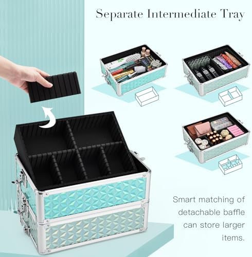 Professional Rolling Makeup Train Case 4 in 1 Aluminum Trolley Case with 360° Rotation Wheels for Makuep Artist Cosmetic Suitcase Organizer with Lock and Key Diamond Pattern - Turquoise - Image 4