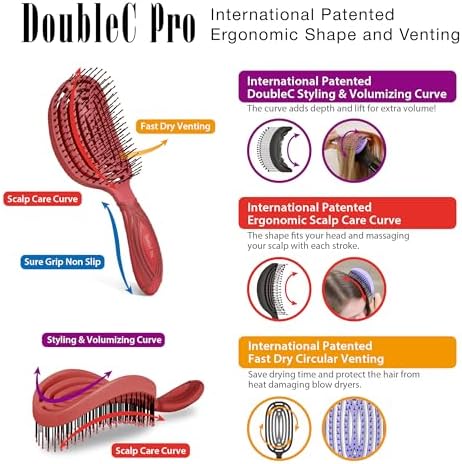 NuWay® DoubleC PRO® Patented Scalp Care Hair Brush – Double Curve Design for Scalp Massage, Professional Blow-Dry Styling, Wet & Dry Hair, All Hair Types (Red) - Image 2