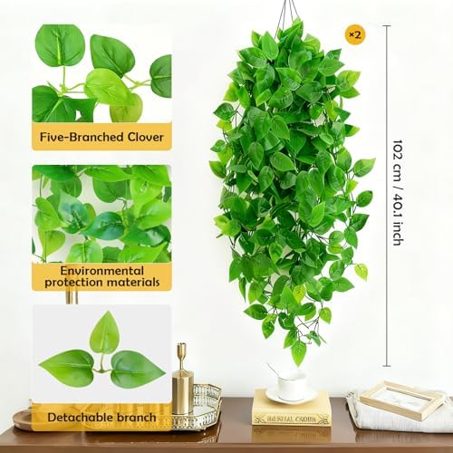 Artificial Hanging Plants, 2pcs Fake Pothos Vine Greenery for Wall Decor - Indoor Outdoor Home Living Room Hanging Decor, No Basket Included - Image 2