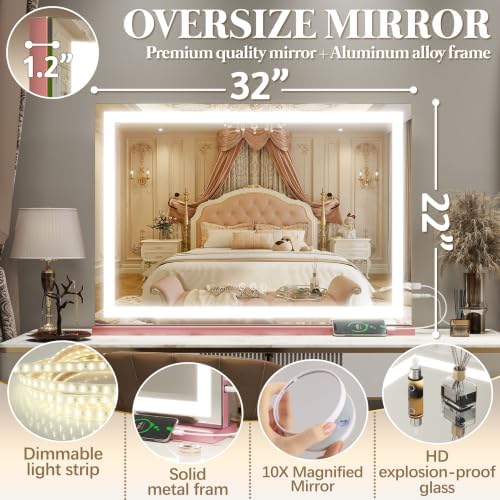FENNIO Vanity Mirror with Lights 32''x22'' Makeup Mirror with Lights,Lighted Makeup Mirror with 10X Magnification and USB，Smart Touch Screen with 3-Color Lighting,Dimmable（Square Pink） - Image 7