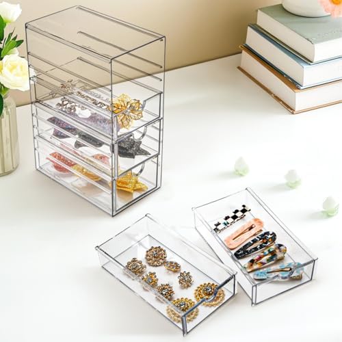 Hair Accessory Organizer, Plastic Clear Hair Tie Storage Box with 5 Drawers, Hair Accessories Container Makeup Organizer Jewelry Holder for Bathroom, Closet Desk, Office (Pack of 2) - Image 7