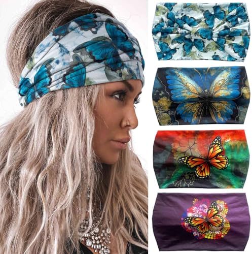 Olbye Wide Boho Headbands Floral Stretch Head Wraps Turban Knotted Yoga Hairbands Workout Hair Accessories for Women 4Pcs (Butterfly, 9.4 * 5.9'') by Olbye