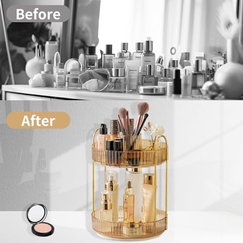 Asayuee 360 Rotating Makeup Organizer,2 Tier Large Capacity Make Up Organizers and Storage,Skincare Perfume Vanity Organizers,Bathroom Cosmetics Storage Organizer Countertop(Gold) - Image 5