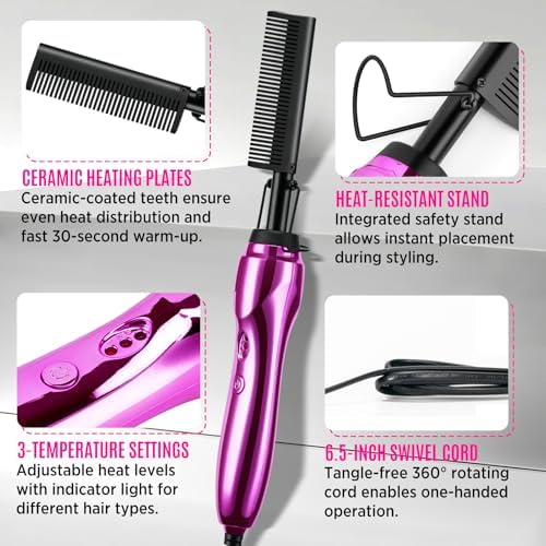 Hot Comb Hair Straightener Set for Lace Front Wigs - Heat Pressing Combs Ceramic Curling Flat Iron Electric Hot Comb for Wigs - Hair Straighteners Straightening Comb for Women Wig Installation Kit - Image 2