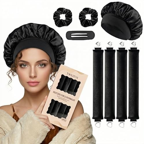 Heatless Curls Overnight Hair Curlers Set – 4PCS Jumbo Velvet Rollers with Shower Cap, No-Damage Flexi Rods for Beautiful Waves(BLACK) by Unknown