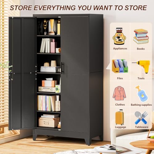 79" Black Metal Storage Cabinet with 2 Doors and 5 Adjustable Shelves,Steel Garage Tool Cabinet, File Cabinet,Kitchen Pantry Cabinet for Home,Office,Garage,School,Warehouse - Image 6