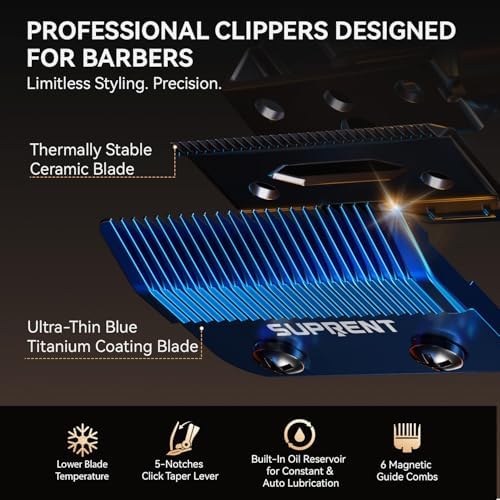SUPRENT StormGray Professional Hair Clippers for Men - Cordless Barber Clippers & Zero-gapped Trimmer Set, Haircutting Kit with High Performance Motor, Blue Titanium-Coated Blades, Charging Stands - Image 2