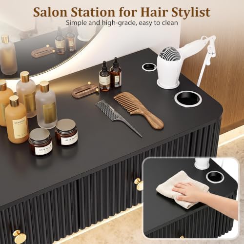 OmySalon Wall Mount Salon Station, Hair Stylist Cabinet with 3 Heat Resistant Dryer Holders, 2 Drawers, Modern Style Barber Storage Station for Barbershop Salon SPA, Solid Black - Image 6