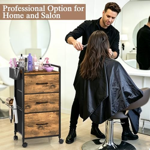 Salon Station for Hair Stylist, Rolling Salon Trolley Cart with Wheels, Beauty Barber Station with Metal Tool Holder & 3 Fabric Drawer, Mobile Storage Cabinet for Barbershop, Spa&Tattoo, Rustic Brown - Image 3