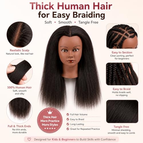 16 Inch 100% Real Hair Mannequin Head Training Head Manikin Cosmetology Doll Head for Hairdresser Practice Braiding Hair Styling with Clamp stand - Image 3