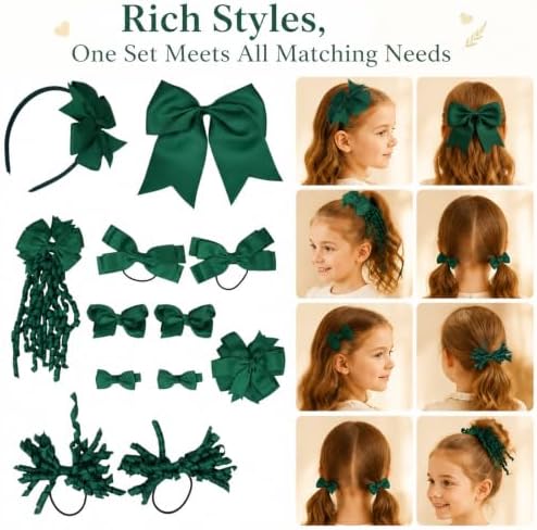 baotongle 12 Pcs School Hair Accessories Set School Bows for Girls Bow(Green) - Image 7