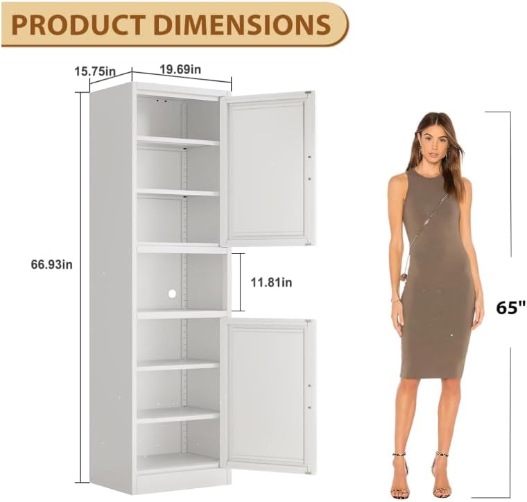 Tall Metal Narrow Bathroom Storage Cabinet 67" H, Tall White Pantry Cabinets with 4 Adjustable Shelves and 2 Doors for Kitchen, Home Office, Living Room, Dining Room(20 inches Wide) - Image 2