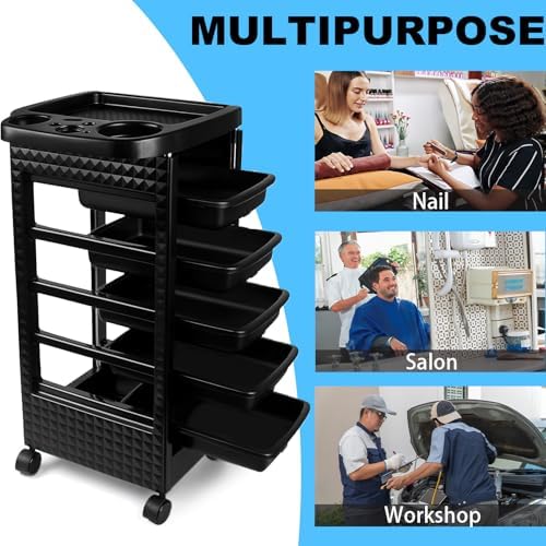Salon Trolley Cart with Wheels & 5 Drawers, Salon Rolling Stations for Hair Stylist,Hairstylist for Beauty Tattoo Hairdressing Beauty Equipment, Black (T22-5DRAWER) - Image 3