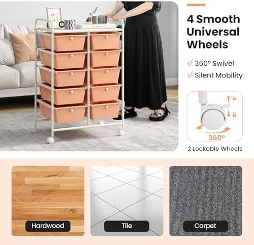 Giantex 10 Drawers Rolling Cart, Classroom Organizers, Storage Cart with Wheels, for Teacher Office Home School Supplies Tool Craft Art Paper, Peach Fuzz - Image 6
