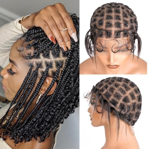 Braided Wig Cap With Human Baby Hair Crochet Wig Cap For Crochet Braids Hair Glueless Double Full Hd Lace Wig Caps For Black Women(#1B Black,99 Sections) by SunteficHair