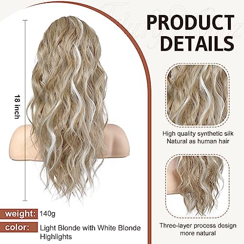Flufymooz Ponytail Extension, 18 Inch Claw Clip Ponytail Extension, Wavy Curly Claw Clip in Ponytail Hair Extensions, Fake Ponytail Synthetic Hairpiece for Women (Blonde with White Blonde Highlights) - Image 2