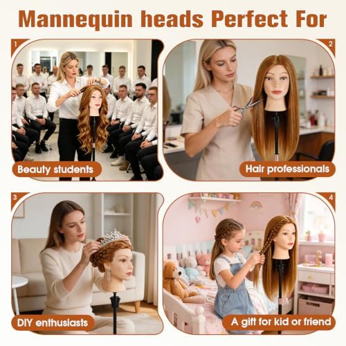 80% Human Hair Mannequin Head,26''Golden Brown Real Hair Mannequin Head,Cosmetology Manikin Head Doll Hair Styling Hairdressing Practice Training Wig Head with Clamp Holder and Tools - Image 5