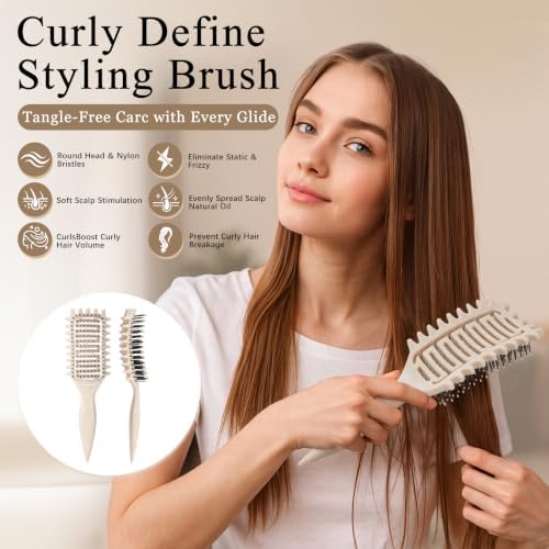 Curl Defining Brush for Curly Hair, Vented Detangling Hair Brush for Wet and Dry Styling, Curved Brush for Shaping and Smoothing Curl Clumps, Lightweight Hair Brush （Beige） - Image 3
