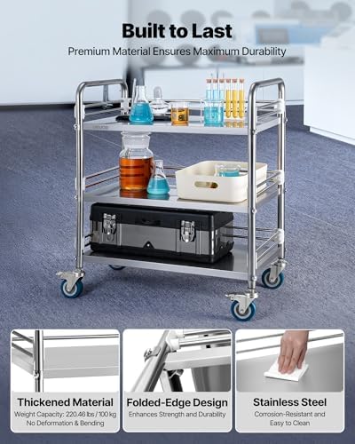 VEVOR Stainless Steel Rolling Cart, 3-Tier Metal Utility Cart with Lockable Wheels, Medical Serving Trolley Clinic Tray, Mobile Service Cart for Hospital, Lab, Restaurant, Kitchen, Salon - Image 2
