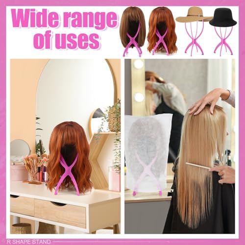 ProSuites Wig Set, Pink Travel Wig Stand with 2 Pcs Wig Dust Bags, Wig Holder Hat Display with Wig Bag for Women Multiple Wigs - Wig Party Kit for Salon Home Use - Image 5