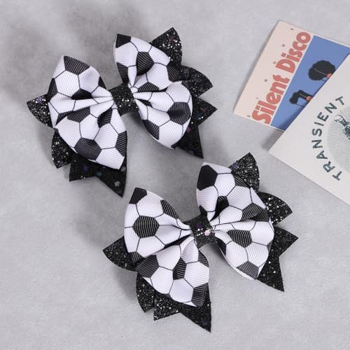 Soccer Cheer Bows Hair Clips 2pc 3.5" Glitter Black & White Football Sport Ribbon Bows for Soccer Team Moms Gifts Player Game Day Cheerleading Accessories Birthday Party Favors - Image 2