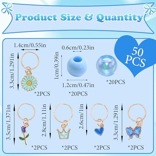 NAISKA 50PCS Blue Beads for Hair Flower Loc Jewelry 5 Styles Hair Charms Heart Butterfly Dreadlock Jewelry Braids Clips Lovely Loc Accessories for Kids Girls - Image 4