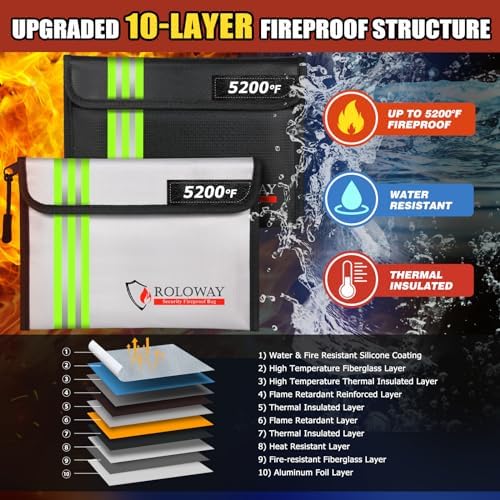 ROLOWAY Fireproof Bag (9.6 x 6.6 inches) 5200℉ Heat Insulated with Reflective Strip, Fireproof Money Bag with Zipper for Cash (2-Pack) - Image 2