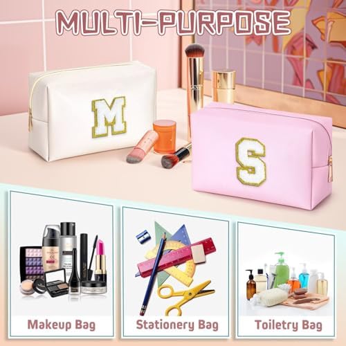 TOPEAST Personalized Birthday Gifts for Women, Preppy Patch Makeup Bag, Chenille Letter Pouch Cosmetic Bag, Travel Organizer, Gifts for Friends, Cute Stuff for Women (White L) - Image 5