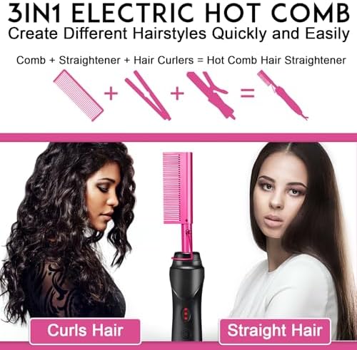 NICEMOVIC Ceramic Heating Hair Straightener Comb - Hot Pressing Brush for Natural Black Hair, Beard Wigs, and Curling (Pink) - Image 4